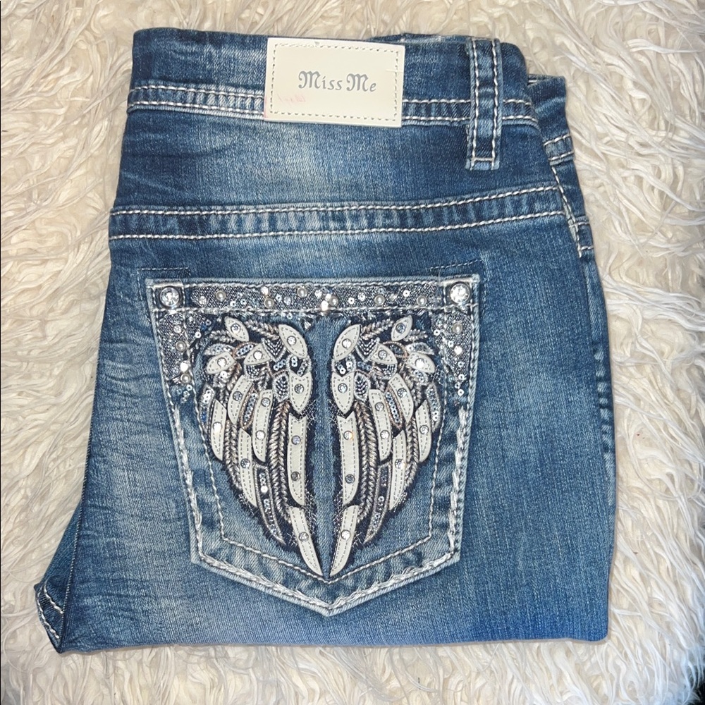 Miss Me Women's Angel Wing Embellished Straight Leg Jeans - Size 34